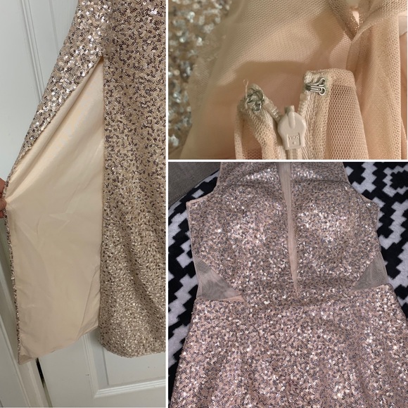 AIDAN BY AIDAN MATTOX Champagne Silver Halter Sequin Illusion Cut Open Back Gown - Picture 12 of 15